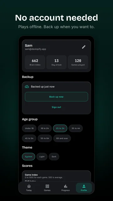 Profile: backed up just now, with age group and theme