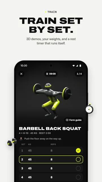 Training set by set: a 3D demo of the barbell back squat, with the weight and reps for each set