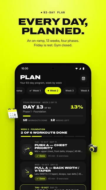 The 93-day plan, week by week, with today's day and the workouts done