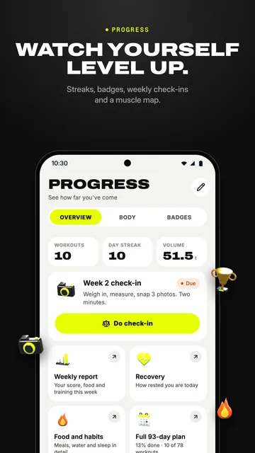 Progress: workouts, day streak and volume, with the weekly check-in