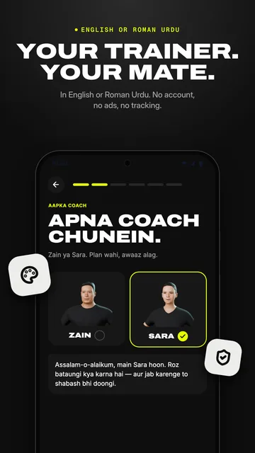 Choosing a coach, Zain or Sara, with a greeting in Roman Urdu