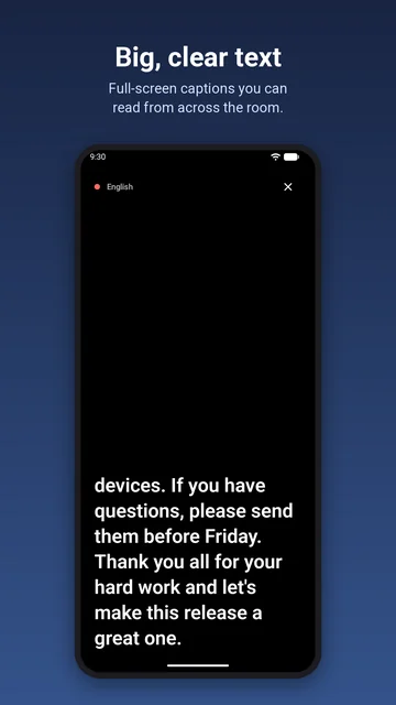 Full-screen captions in large white text on black, easy to read across a room