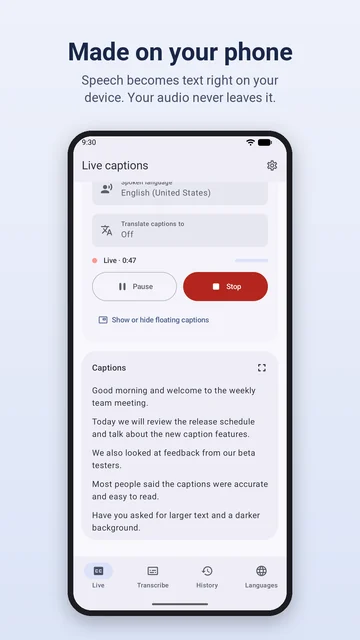 The Live screen: spoken language English, translation off, and the captions so far