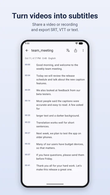 A transcribed recording, team_meeting, with a timestamp beside every subtitle line