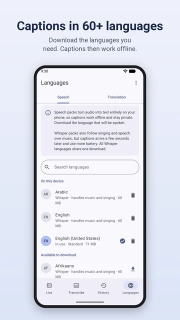 The Languages screen with speech packs on the device and more to download