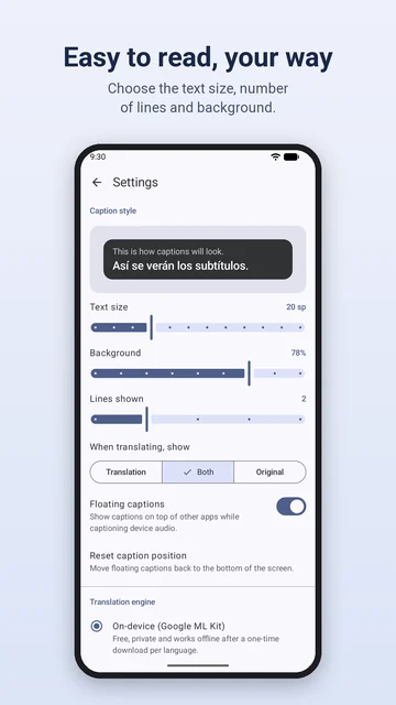 Caption style settings: text size, background, lines shown and floating captions