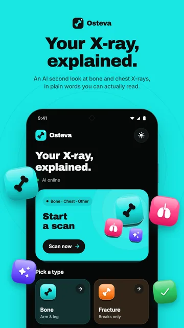 Osteva's home screen: start a scan or pick a type, bone, fracture, chest or other
