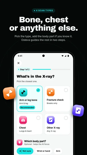 Choosing the X-ray type and, optionally, the body part