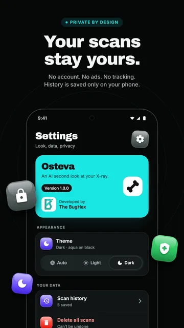 Settings: scan history saved on the phone, and Delete all scans